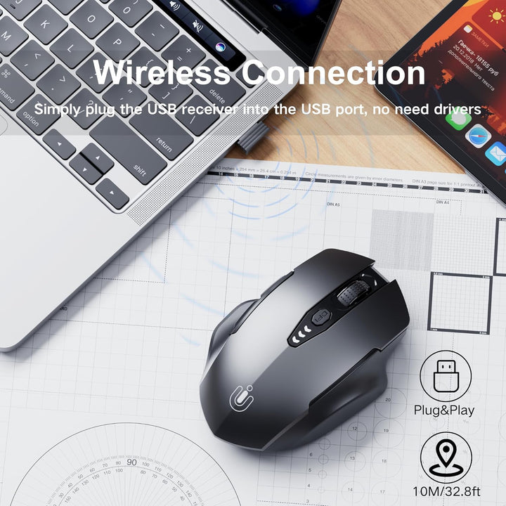 Uineer kabellose Maus, [Upgraded] Visuelle Batterieanzeige, Ergonomische Maus kabellos 2.4G USB, 4 e