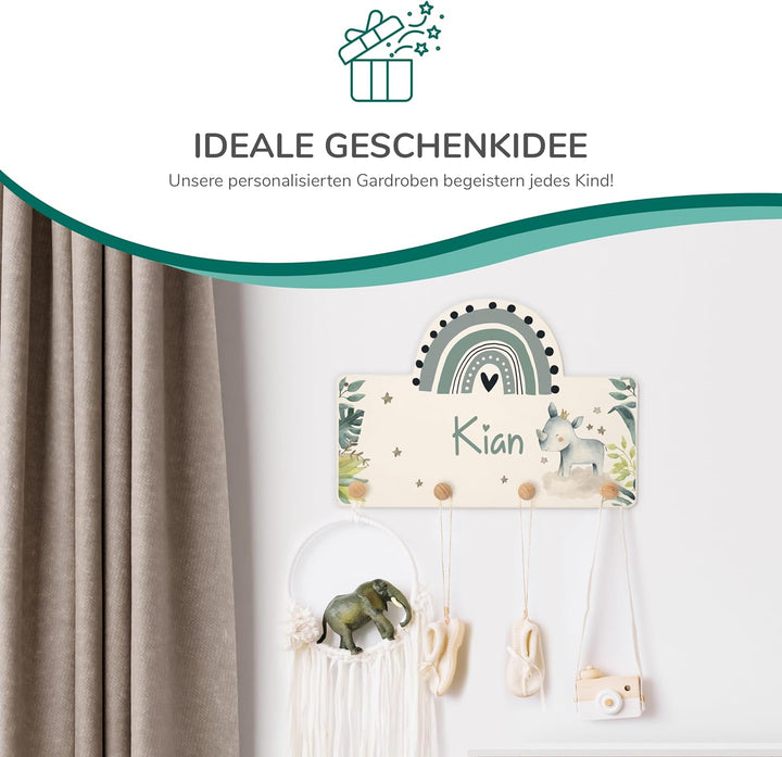 KIDSMOOD Personalisierte Wand-Garderobe mit Wunschnamen, Kleiderhaken aus Holz mit süssem Tier-Motiv