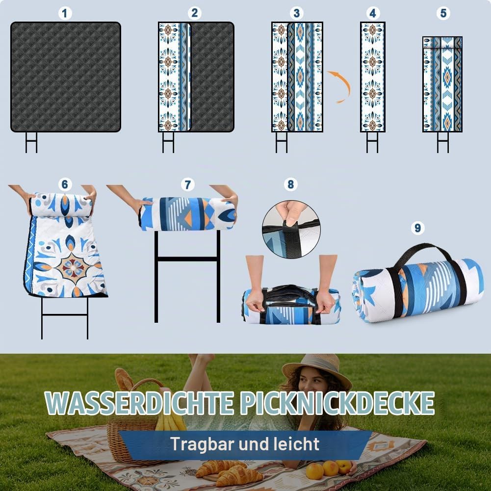 AUAUY Picknickdecke Boho Wasserdicht, 200x200cm, mit Tragegurt, Grün Blau - 200x200 Cm, Blau - 200x2