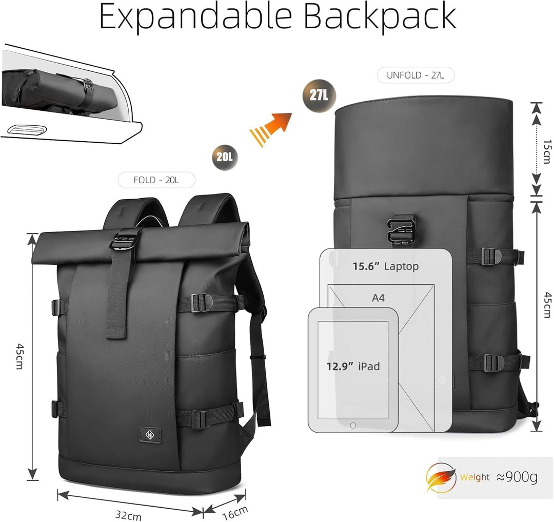 hk Rolltop Rucksack Herren & Damen, 15,6 Zoll Laptop Rucksack Wasserdicht Gross Reiserucksack, Diebs