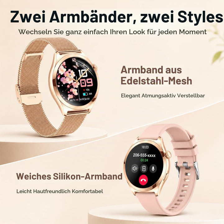 Smartwatch Damen mit Telefonfunktion, 1,27" HD Fitnessuhr mit 110+ Sportmodi, Herzfrequenz Schlafmon