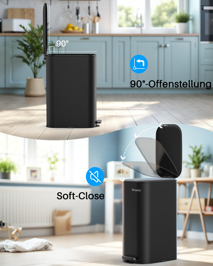 lovewind Mülleimer 30L mit Fusspedal, Schmaler Abfalleimer, Leise Schliessender Deckel, Entnehmbarer