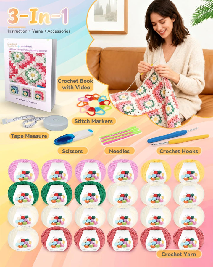 Coopay Granny Square Häkelset für Anfänger, Häkel Set für Gänseblümchen Decke 3D, Komplett Häkelset