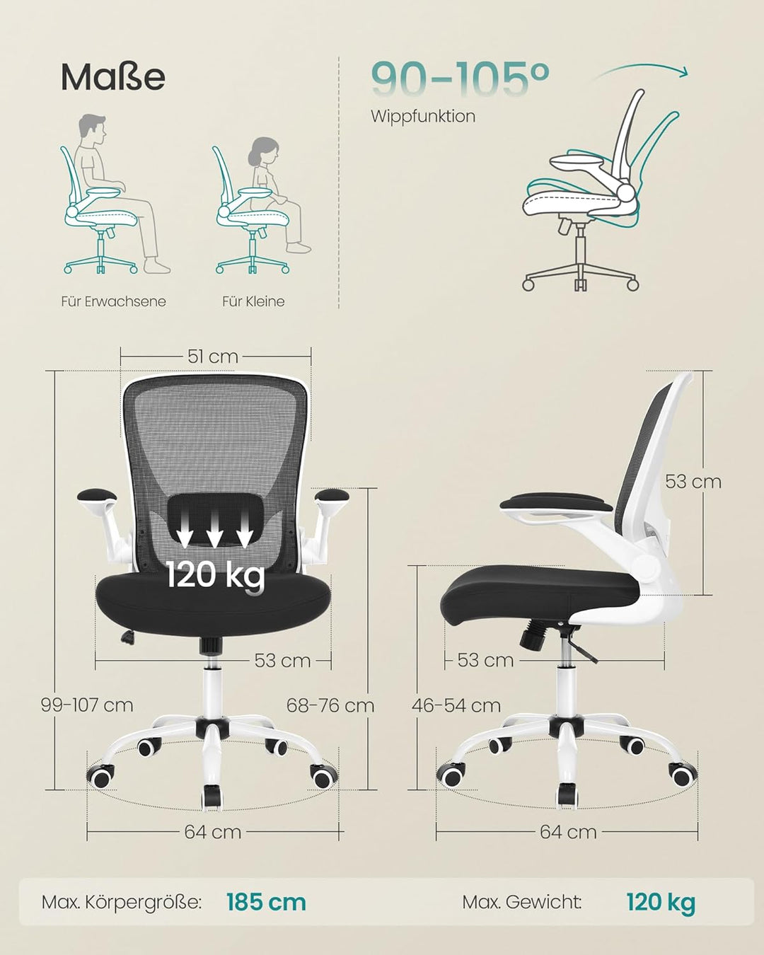 SONGMICS Bürostuhl ergonomisch, Schreibtischstuhl klappbare armlehne, 360° Drehstuhl, verstellbare L