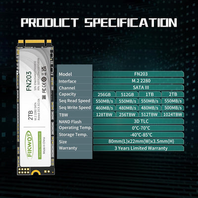 Fikwot FN203 2TB M.2 SATA SSD - SLC Cache 3D NAND TLC SATA III 6Gb/s M.2 2280 NGFF Internal Solid St