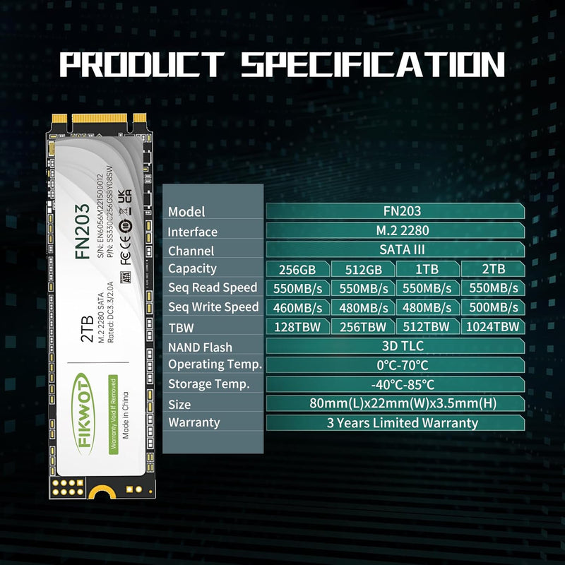 Fikwot FN203 2TB M.2 SATA SSD - SLC Cache 3D NAND TLC SATA III 6Gb/s M.2 2280 NGFF Internal Solid St