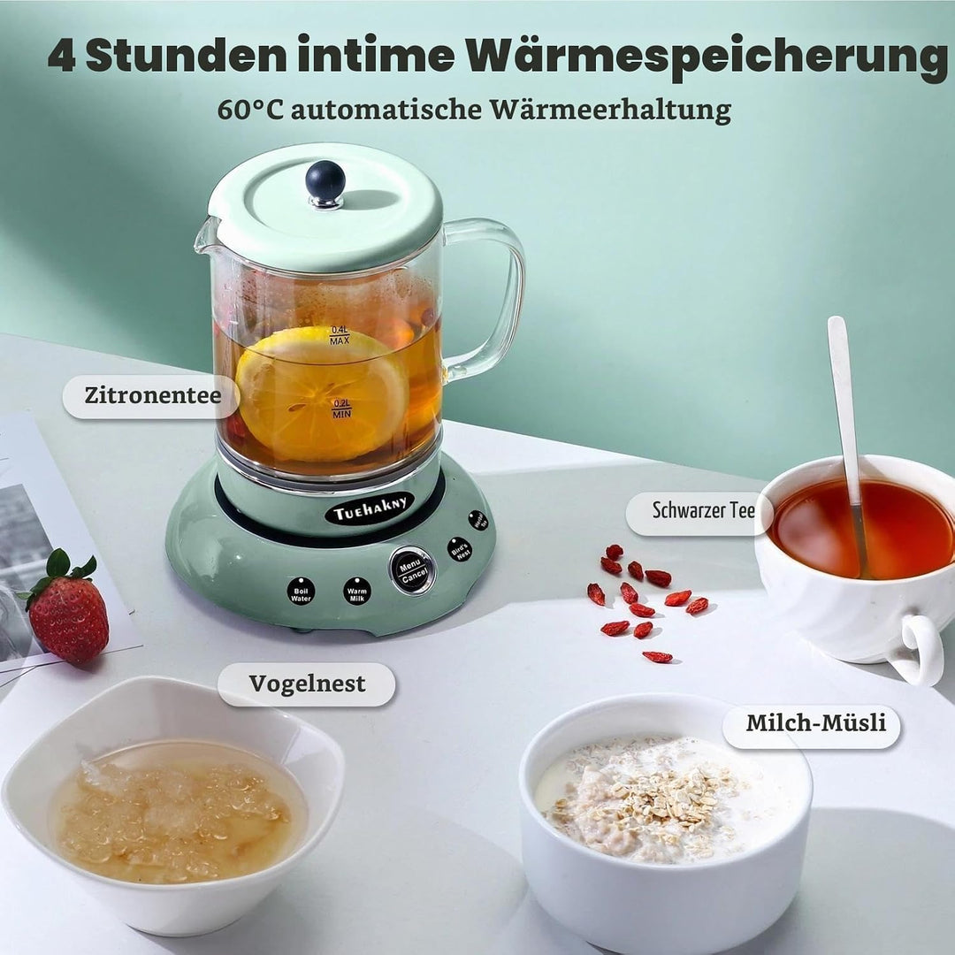 Mini Wasserkocher 400ml Glas - 4-in-1 Multifunktions Tassenwärmer mit abnehmbarer Basis (Heisswasser