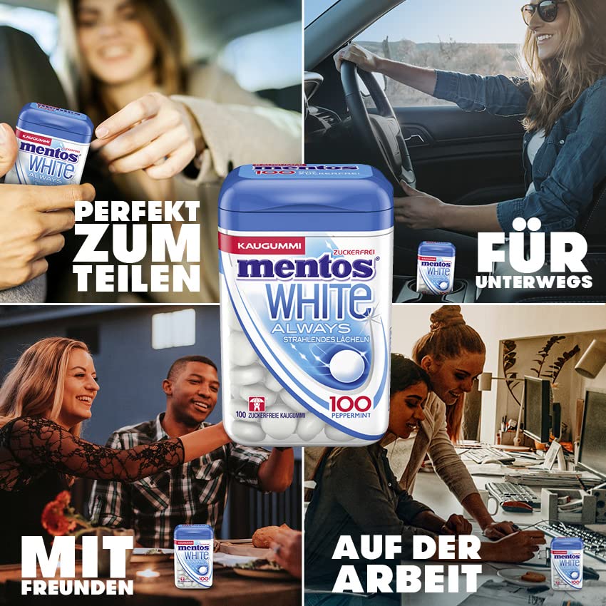 Mentos Kaugummi Always White, 8 XL-Dosen zuckerfreie Chewing Gum Dragees à 100 Stück mit Pfefferminz