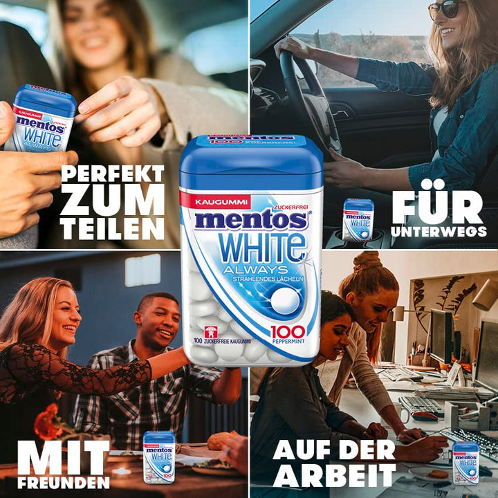 Mentos Kaugummi Always White, 8 XL-Dosen zuckerfreie Chewing Gum Dragees à 100 Stück mit Pfefferminz