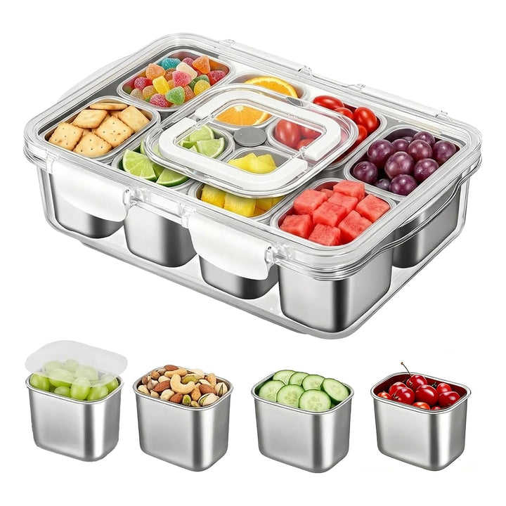 Snackbox mit 8 Edelstahl Fächern Tragbar Snack Aufbewahrungsbox mit Deckel und Griff, Auslaufsichere