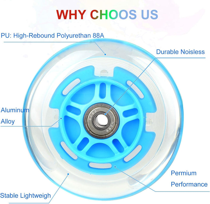 DBREAKS Leuchtende Stunt Scooter Rollen, 2 Stück LED-Lichtrollen, 100mm Led Scooter Ersatzräder Räde