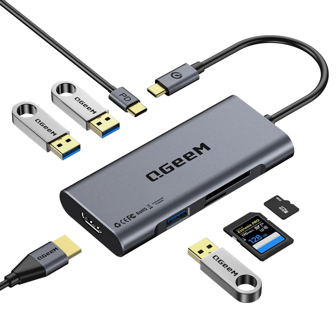 QGeeM USB C Hub, USB C auf HDMI Adapter, 4K 7 in 1 USB C Dongle mit 100W Stromversorgung, 3 USB 3.0