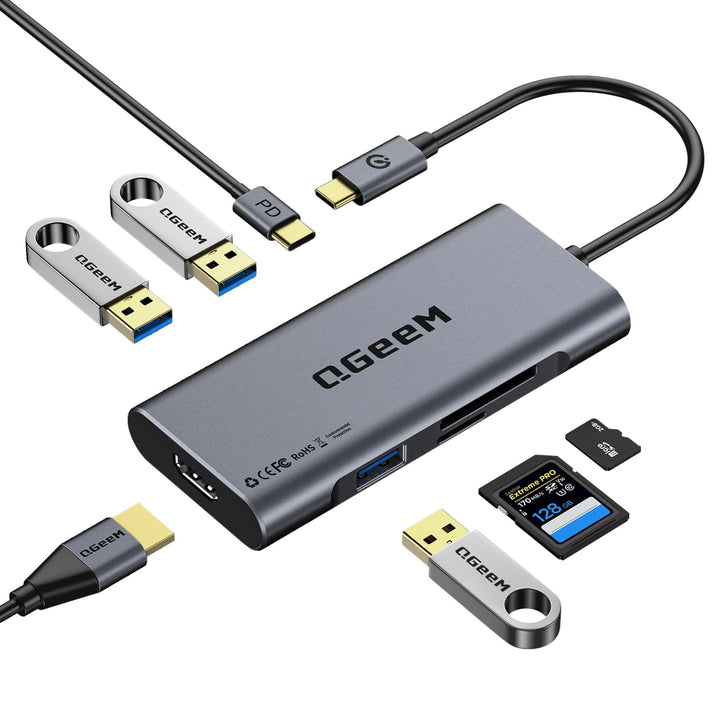 QGeeM USB C Hub, USB C auf HDMI Adapter, 4K 7 in 1 USB C Dongle mit 100W Stromversorgung, 3 USB 3.0
