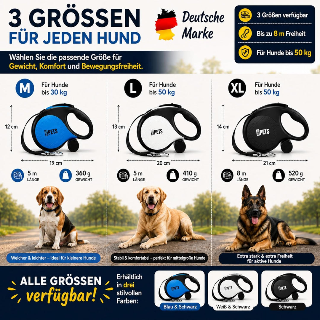 CORTESPETS® Rollleine – Hundeleine mit Kotbeutel – Ausziehbar bis zu 5 m – Für grosse und mittelgros
