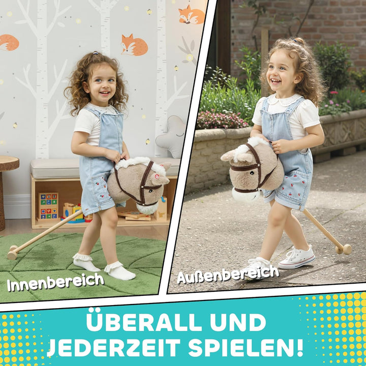 AIYAPLAY Hobby Horse Steckenpferd mit Sound, Rolle, Holzstock, Hobby Horsing aus Polyester für Kinde