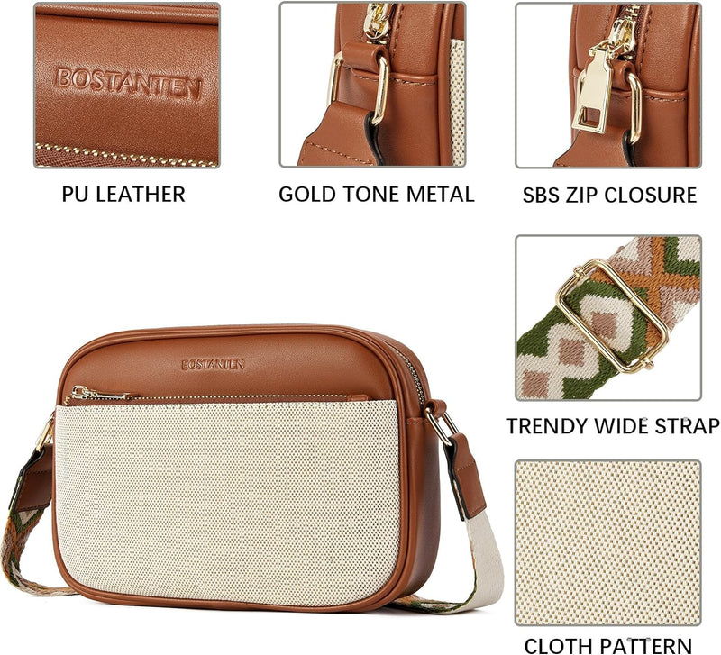 BOSTANTEN Damen Handy Umhängetasche, Crossbody Bag mit verstellbarem Breiter Gurt, PU Leder Gesteppt