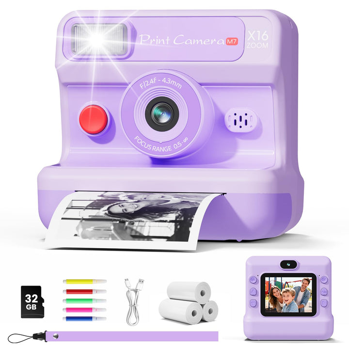 Kinderkamera Sofortbildkamera, 1080P HD Sofortbildkamera Kinder mit 32 GB Karte und 3 Papierrollen,