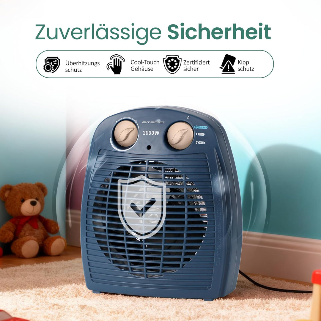 EMERIO Heizlüfter 2000W | klein leicht kompakt portabel | für ca. 25m² | 2 Heizleistungen + Ventilat
