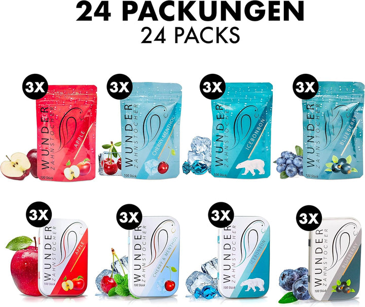DISPLAY - 24 ERFRISCHENDE PACKUNGEN 'STARTERDISPLAY' - ZAHNSTOCHER MIT GESCHMACK - TASTY TOOTHPICKS