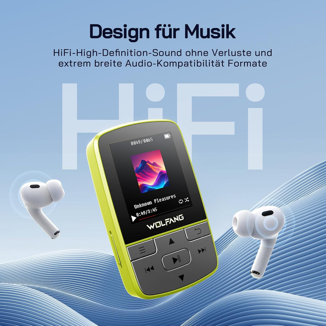 WOLFANG MP3-Player mit Bluetooth 5.2, Sportclip, Mini-Grösse, Gewicht 28,3 g, HiF-FM-Radio, Diktierg