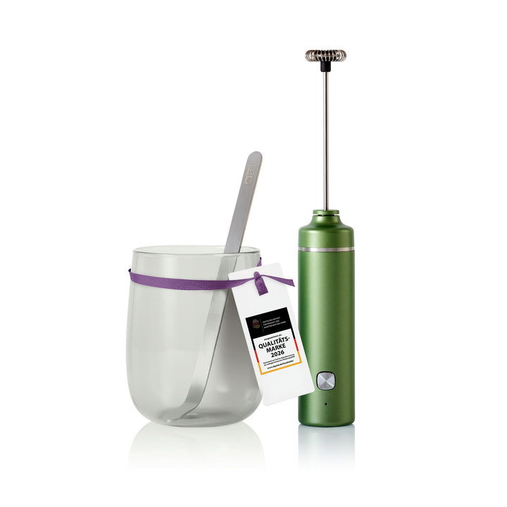 AdHoc Chado Set 3-tlg. – Matcha-Geniesser-Set mit elektrischem Milchaufschäumer, mundgeblasenem Glas