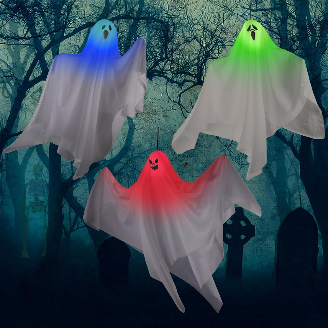 3 Stück Halloween Hängende Geister Deko, 67CM niedliche Leuchtend Gespenster fliegenden Geister, Hal
