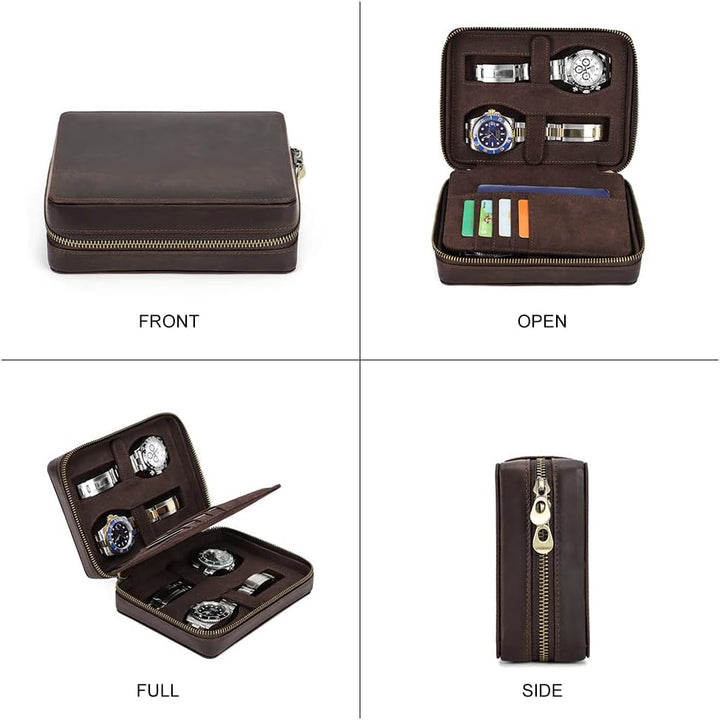 Hiram Multifunktionales Uhrenetui für 4 Uhren, tragbar, echtes Leder, Uhren-Organizer-Box für Damen