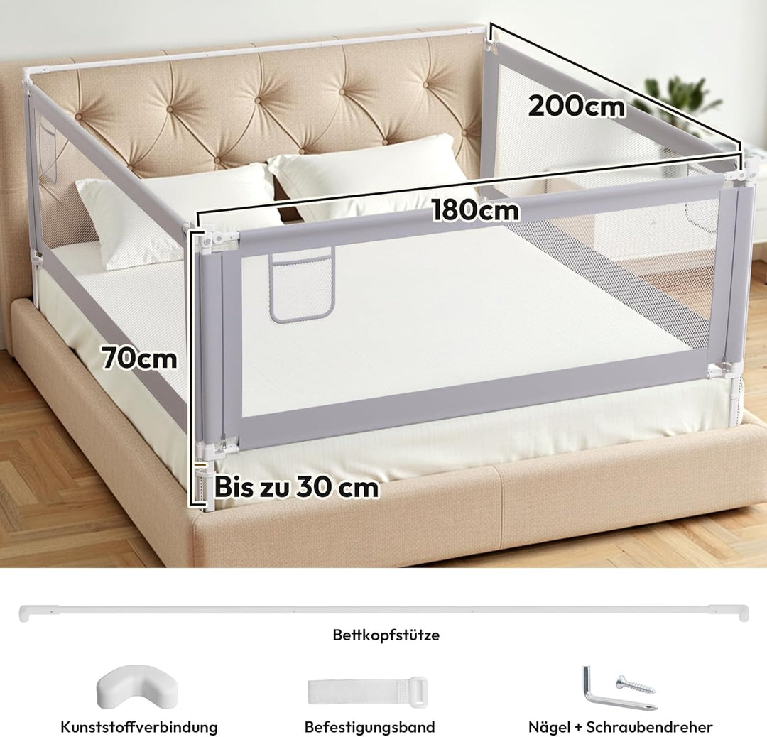Bettgitter Rausfallschutz Bett 200cm×2+180cm×1 - Rausfallschutz Boxspringbett Höhenverstellbar in 30