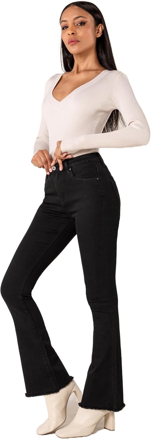 Nina Carter Damen Bootcut Jeans im Retro-Stil Mid Waist Stretchjeans Jeanshosen Used-Look Schlaghose