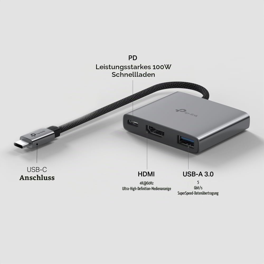 TP-Link UH3020C USB C Hub PD100W, 4K 60Hz HDMI, 5Gbps USB-A 3.0, Plug &amp; Play, Kompatibel mit Mac OS,