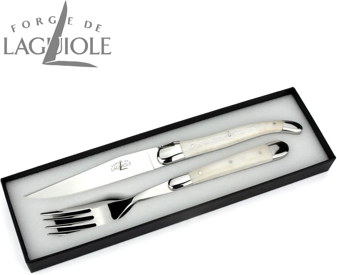 Forge de Laguiole - Steakbesteck - Griff Knochen - Besteck Frankreich - Steakmesser und Gabel - Stah
