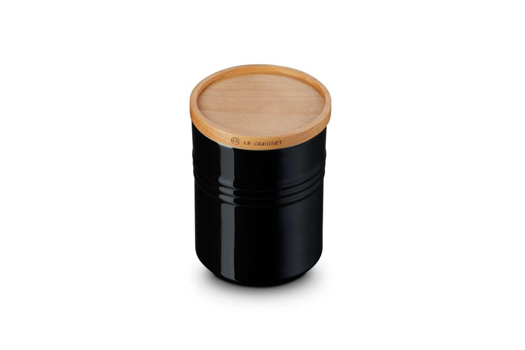 Le Creuset Steinzeug Mittelgrosse Vorratsdose mit Holz-Deckel, Steinzeug, 540 ml, 10 cm, Schwarz glä