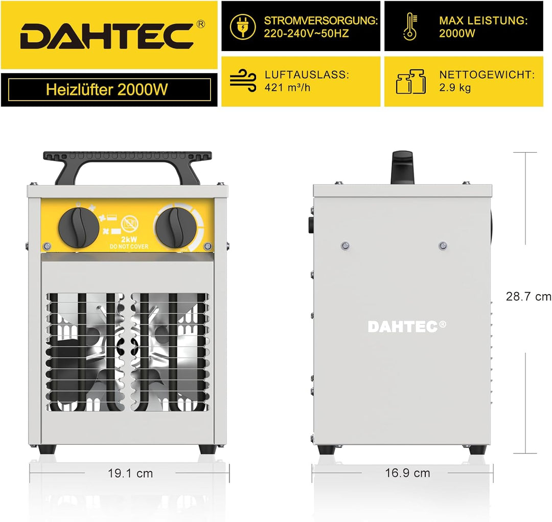DAHTEC Elektroheizer Heizlüfter Bauheizer 2000 Watt Elektro Heizstrahler Bautrockner mit Thermostat