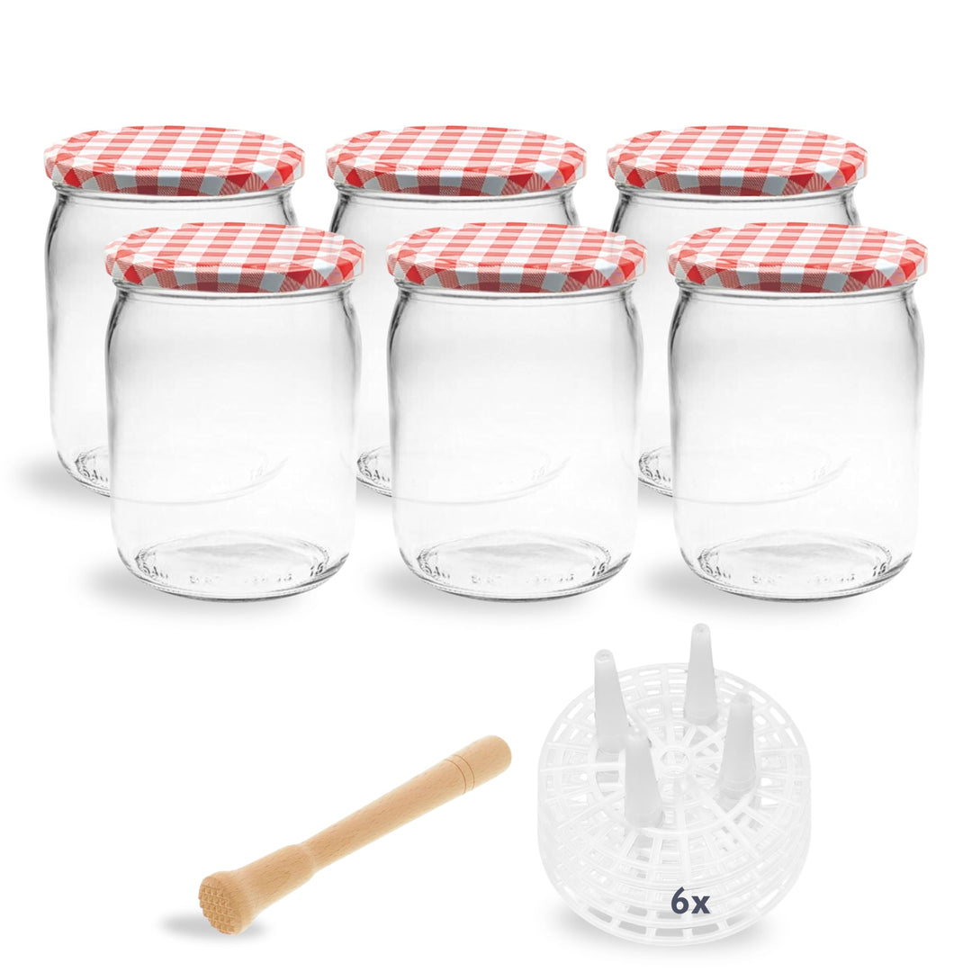 mikken Fermentier Starter Set 6 Fermentiergläser 540 ml mit Gitter, Deckel und Holzstampfer