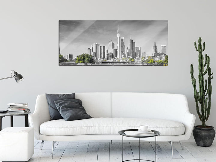 Glasbild Panorama | Wandbild aus Echtglas | Skyline von Frankfurt am Main | 100x40 cm | inkl. Aufhän