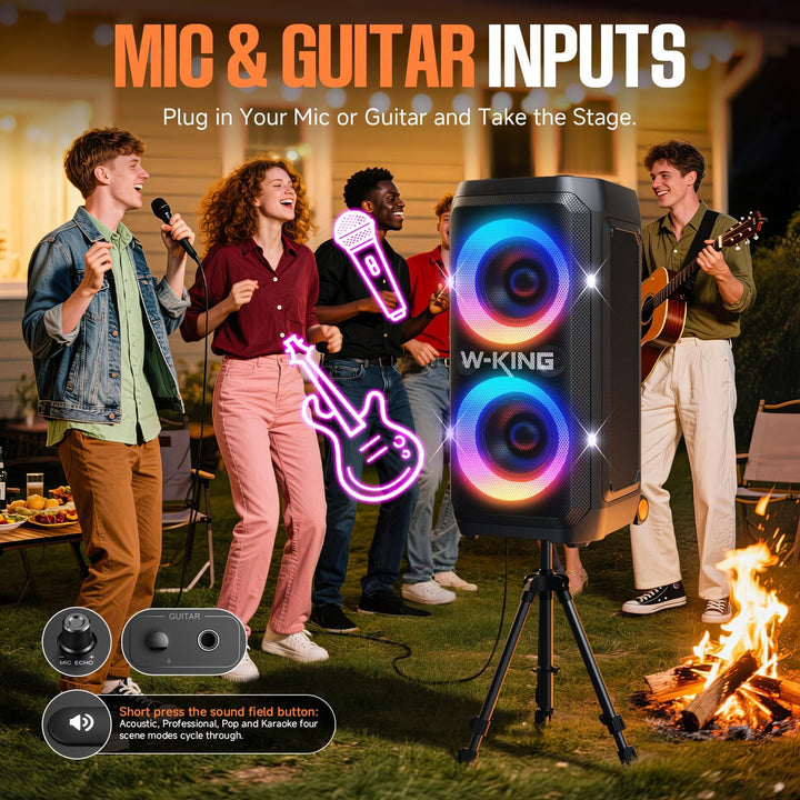 W-KING Tragbare Bluetooth-Lautsprecher-Box mit 370W MAX Pro Sound, Lichtshow, CSB, Bass Boost, Rolle