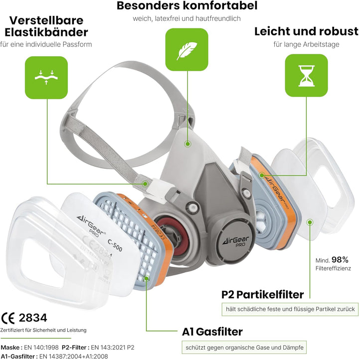 AirGearPro M-500 Atemschutzmaske mit A1P2 Filter, Gasmaske Staubfilter für Lackieren, Arbeiten, Schl