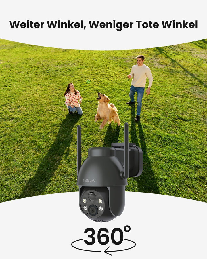 ieGeek 2K 3MP Überwachungskamera Aussen Solar, 360° PTZ Überwachungskamera Aussen Akku, 2.4GHz Kabel