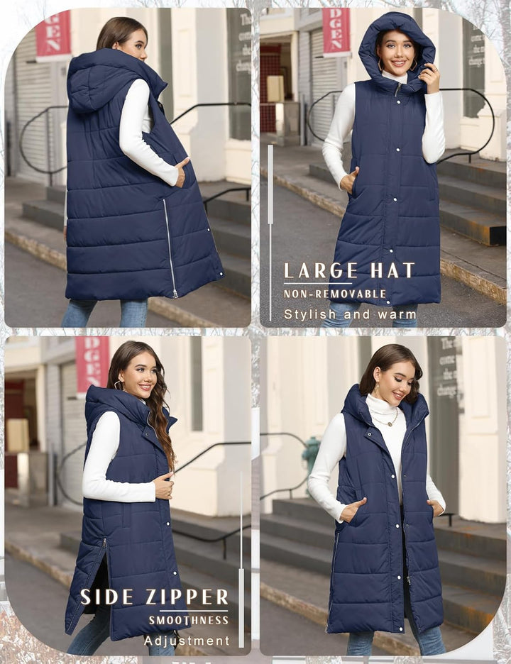 Yuson Girl Lange Jacke Weste für Damen Ärmellose Kapuzenweste Steppweste Damen Lang Winteroberbeklei