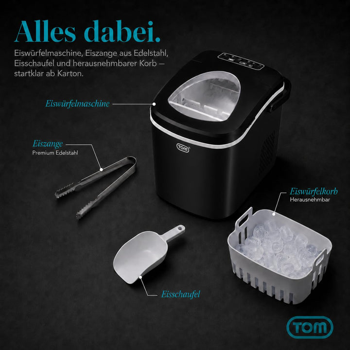 TOM Eiswürfelmaschine – 9 Eiswürfel in 6-8 min – 12 kg/24 h – 2 Würfelgrössen – Ice maker Eiswürfelm