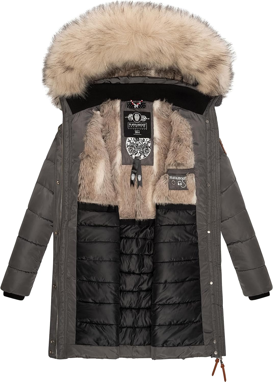 Navahoo Damen Wintermantel Warmer Steppmantel lang mit Abnehmbarer Kunstfell-Kapuze Paula XS-5XL XXL