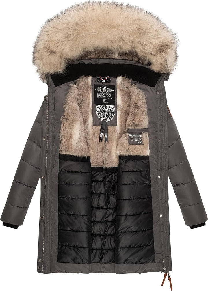 Navahoo Damen Wintermantel Warmer Steppmantel lang mit Abnehmbarer Kunstfell-Kapuze Paula XS-5XL XXL