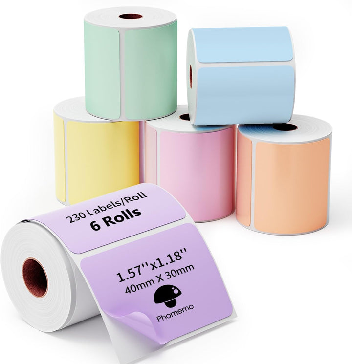 Phomemo M110/M220/M221/M200/M120 Farbige Selbstklebende Etiketten 40x30mm(1.57" x 1.18"), 6 Rollen F