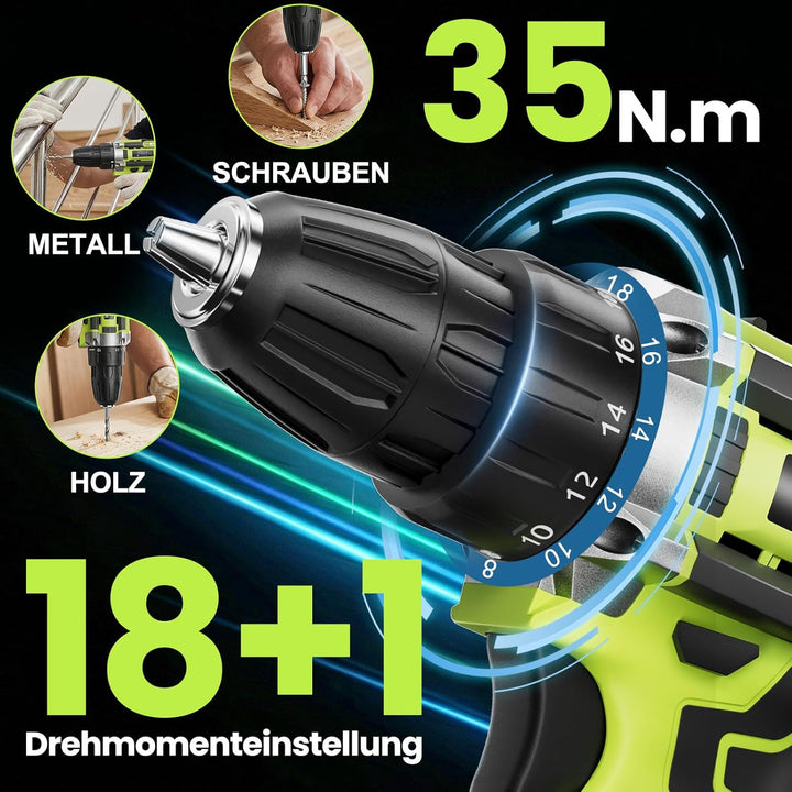 12V klein Akkuschrauber Set, Akku bohrschrauber mit 2 * 2000 mAh Akkus, 3/8" Bohrfutter, 18+1 Drehmo