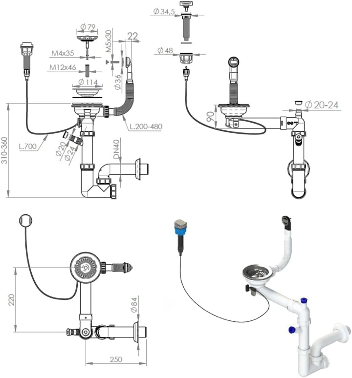 GRANMASTER Automatischer Platzsparender 1-Kammer-Siphon mit überlauf - Ablaufgarnitur für Spüle - Ma