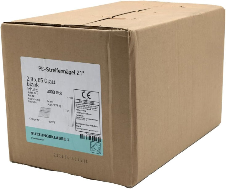 21° Rundkopf Streifennägel - 2,8X65mm, 3.000 stück, Nägel für Druckluft-Nagler, Glatt/verzinkt, für