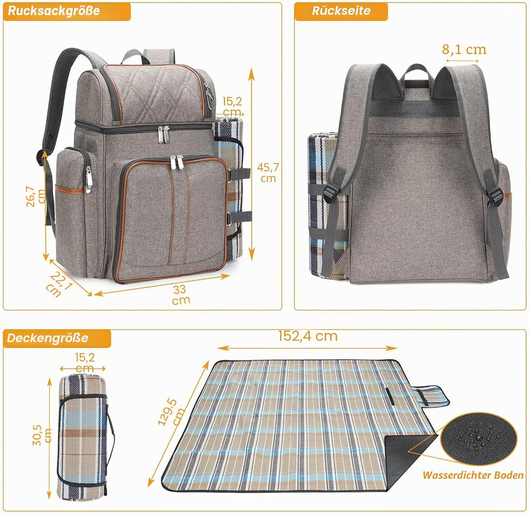 Picknick-Rucksack für 4 Personen, Picknickkorb-Set, auslaufsichere Picknicktasche, Strandkühlrucksac