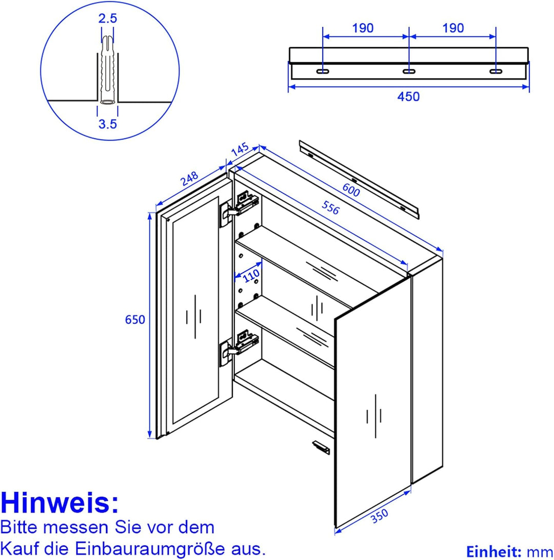 EMKE Spiegelschrank Bad, Badezimmer Spiegelschrank mit Spiegel, 60x65cm Badschrank Wandschrank mit h