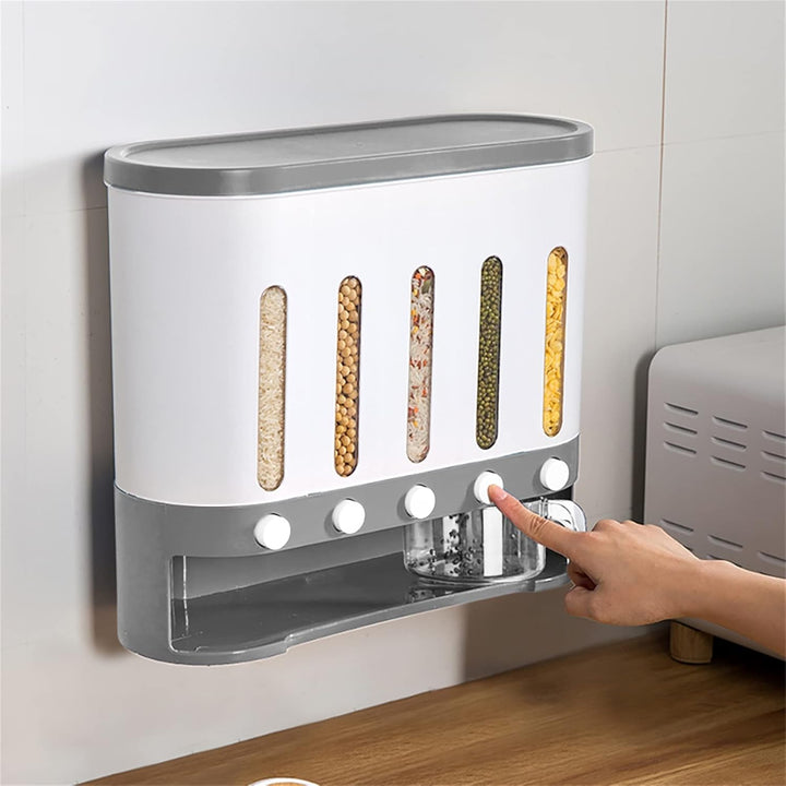 WooDerson Lebensmittelspender Mit 5 Fächern, Reisspender Wandmontage, Müslispender Mit Ständer, 1 Be