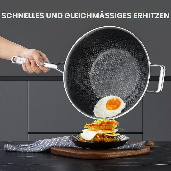 Wokpfanne mit Deckel Hybrid 30cm, Wabenpfanne Antihaft Edelstahl, kühl bleibender Griff, spülmaschin